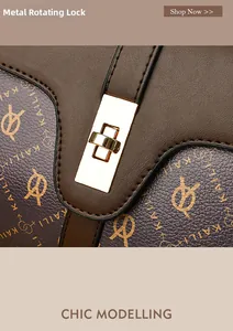 Detailed close-up of golden metal twist lock and vintage logo pattern on brown leather bag