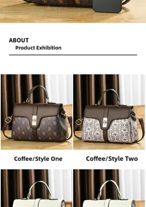 Detail of coffee brown PU leather handbags featuring KAILI monogram and metal clasp buckle