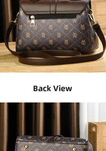 Detailed back and bottom views of navy monogram handbag with metal feet and zipper pocket