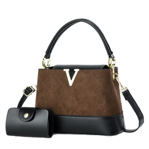 Quilted two-tone handbag set with brown suede upper and black leather base with V hardware