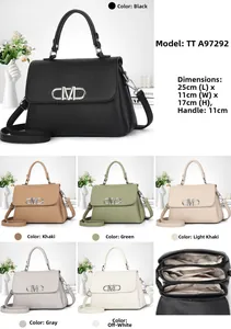 Close-up of litchi leather handbag with metal logo and multi-layer zipper compartments