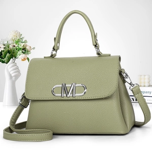 Olive green leather handbag with silver CMD buckle and adjustable crossbody strap