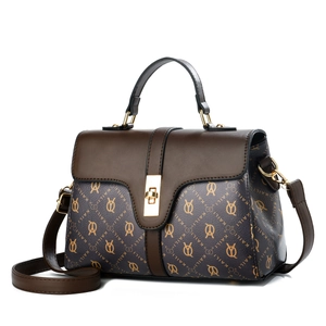 Minimalist brown and grey patterned leather tote bag with golden metal rotating lock