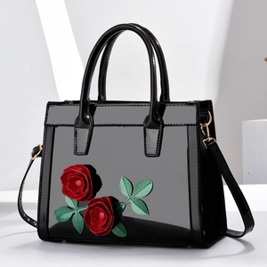 Patent PU Leather Women Handbag With Rose Flower Decor Glossy Tote Crossbody Bag For Daily Fashion Elegant Style