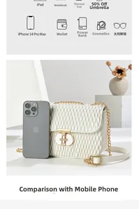 Detailed internal capacity showing daily items like iPad next to a white pleated crossbody bag