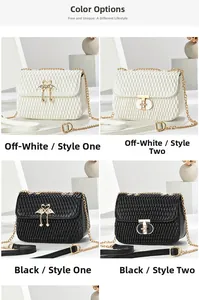 Detailed view of quilted leather chain straps and crystal-embellished swan buckle