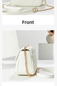 Detailed front and side views of a white quilted crossbody bag with gold chain strap