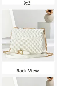 Detail view showing vertical pleated texture and gold chain strap of the beige bag