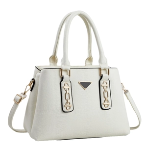 White textured leather tote bag with gold metal plate and detachable shoulder strap