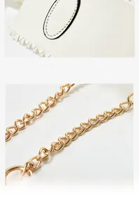 Detail of white faux leather bag with gold-plated chain strap and reinforced stitching