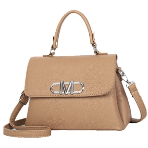Elegant khaki lychee grain leather handbag with top handle and silver metal M logo