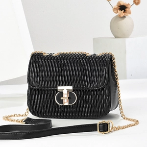 Women PU Leather Shoulder Crossbody Bag Pleated Quilted Texture Golden Chain Strap Metal Lock Chic Versatile Handbag