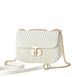 White quilted crossbody bag with gold chain strap and elegant T-shaped lock