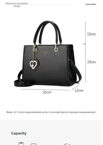 Detailed size guide for black leather handbag showing 25cm width and 19cm height dimensions