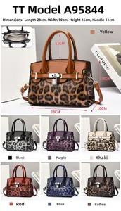 Detailed views of leopard print patchwork handbag with metallic padlock and multi-color options