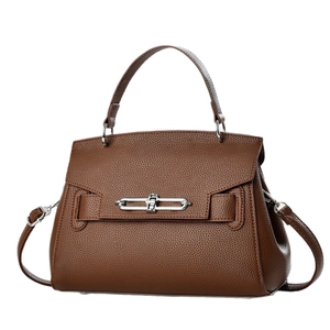 Large capacity dark brown lychee leather crossbody bag with silver twist lock and handle