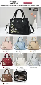 Detail showing dimensions and 8 available colors for floral embroidery tote bag