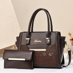 Deep brown leather tote bag and wallet set with snakeskin texture and gold hardware