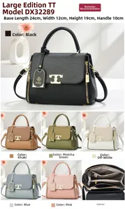 Detailed dimensions of textured leather handbag with T-shaped metal clasp and 6 colors