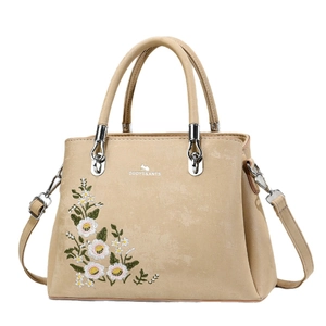 Elegant beige embroidered floral tote bag with double handles and long crossbody strap