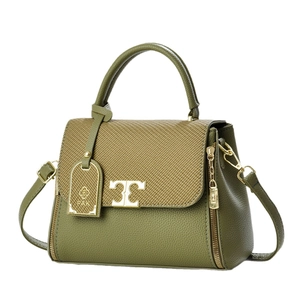 Olive green lychee leather handbag with woven flap and golden T-shaped metal buckle
