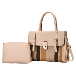 Elegant beige two-piece tote set with signature stripe detail and gold hardware