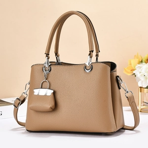 Khaki pebbled leather large tote bag with top handles and detachable shoulder strap