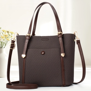 Minimalist coffee brown crossbody bag with plaid fabric and adjustable shoulder strap