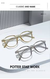 Vue à plat de lunettes vintage TR90 à monture ronde en ambre et gris transparent