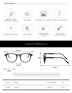 Spécifications détaillées de taille et mesures de monture pour lunettes rondes en PC