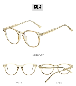 Trois vues de lunettes à monture ronde en TR90 ambre transparent avec détails de l'arrière