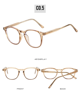 Trois vues de lunettes rondes TR90 ambre avec rivets métalliques et design rétro