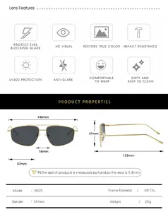Detailed size specifications for metal aviator sunglasses with frame dimensions and UV400 info
