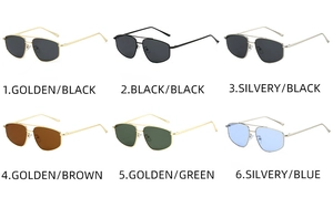 Detail view of square metal sunglasses in six frame and lens color options
