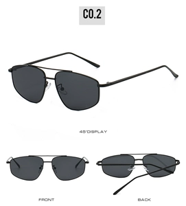 Black metal frame square sunglasses showing front, back, and 45-degree angle views