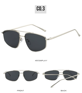 Detailed views of gold metal frame sunglasses with gray lenses and double bridge design