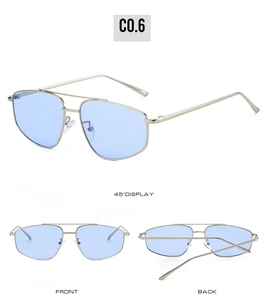 Silver metal frame sunglasses with light blue lenses showing front and back detail views