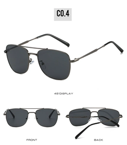 Mehrere Ansichten der Retro-Metallsonnenbrille mit dunklen UV-Gläsern und schmalem Gestell