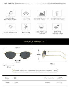 Tableau des tailles et caractéristiques de protection UV400 pour lunettes ovales