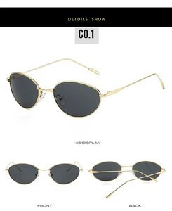 Vues détaillées de lunettes de soleil ovales dorées avec verres gris et plaquettes de nez