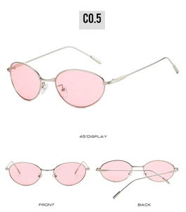 Vues détaillées de lunettes ovales en argent avec verres roses sous trois angles