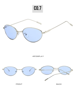 Vues sous trois angles de lunettes de soleil ovales avec verres bleus et monture argent