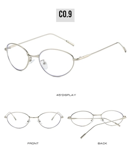 Vues détaillées de la monture de lunettes ovale en métal argenté de face, de dos et de profil