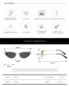 Detailed size specifications for cat eye metal sunglasses with UV400 lens protection