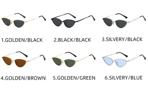 Multiple colors of retro cat-eye sunglasses with thin metal frames in a collection grid