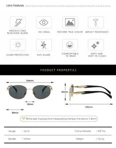Detailed size chart for retro round metal sunglasses with UV400 lens specifications
