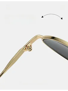 Vue macro des charnières robustes en métal doré sur des lunettes de soleil ovales