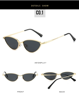 Three-view display of vintage cat-eye sunglasses with slim gold metal frames and gray lenses