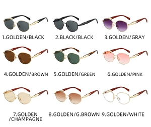 Grid display of nine vintage metal round sunglasses in various fashion color combinations
