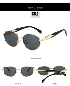 Detail view of round metal sunglasses with gold frames and dark gray lenses from multiple angles